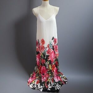 Bisou Bisou White and Pink Floral Maxi Dress, Missing fabric tie belt Sz 14